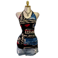 90s Vintage Blue Red Black Artsy Halter Top  [M]