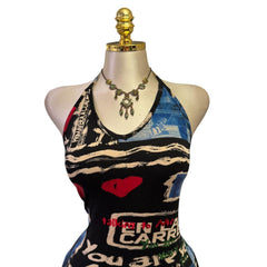 90s Vintage Blue Red Black Artsy Halter Top  [M]