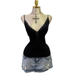 Y2K Vintage Black Studs V-neck Top [M]