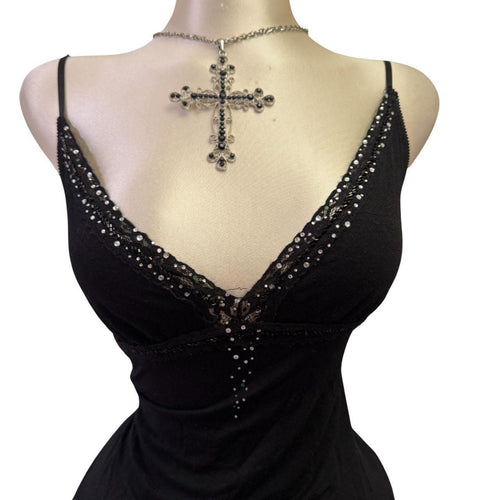 Y2K Vintage Black Studs V-neck Top [M]