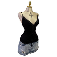 Y2K Vintage Black Studs V-neck Top [M]