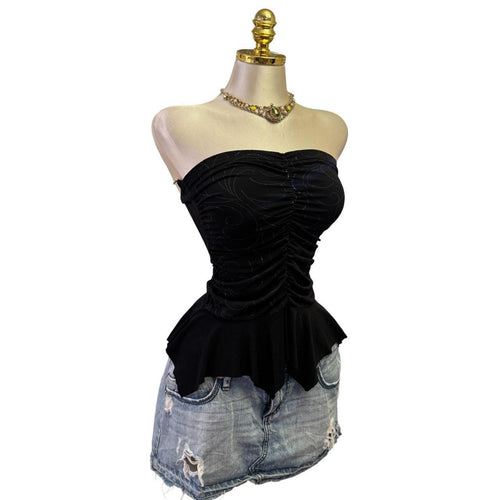 90s Vintage Black Glitter Tube Top  [S]