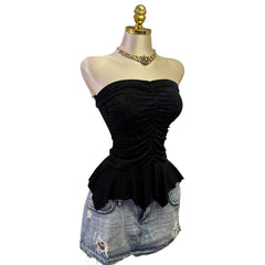 90s Vintage Black Glitter Tube Top  [S]