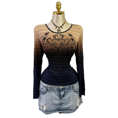 90s Vintage Brown Black Ombre Striped Long Sleeve Top [L]