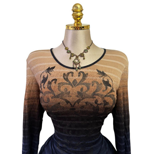 90s Vintage Brown Black Ombre Striped Long Sleeve Top [L]