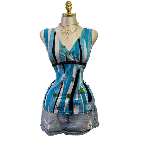 Y2K Vintage Blue Floral Striped Black Top [M]