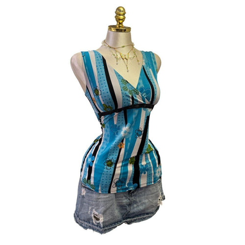 Y2K Vintage Blue Floral Striped Black Top [M]