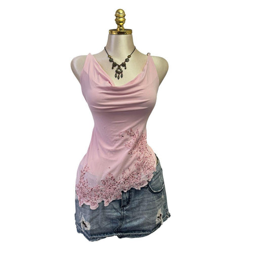 Y2K Vintage Pink Sequin Beaded Asymmetrical Top [S]
