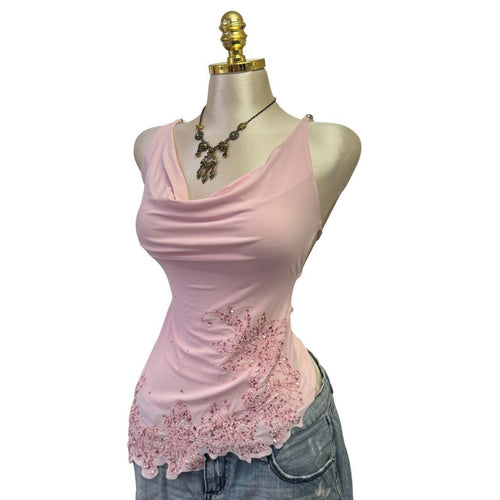 Y2K Vintage Pink Sequin Beaded Asymmetrical Top [S]