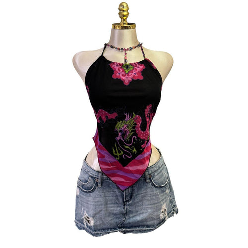 Y2K Vintage Pink Black Dragon Halter Top [S]