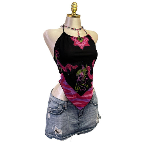 Y2K Vintage Pink Black Dragon Halter Top [S]