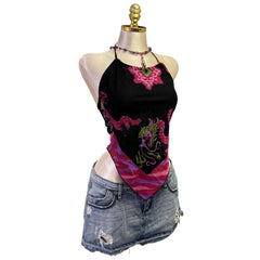 Y2K Vintage Pink Black Dragon Halter Top [S]