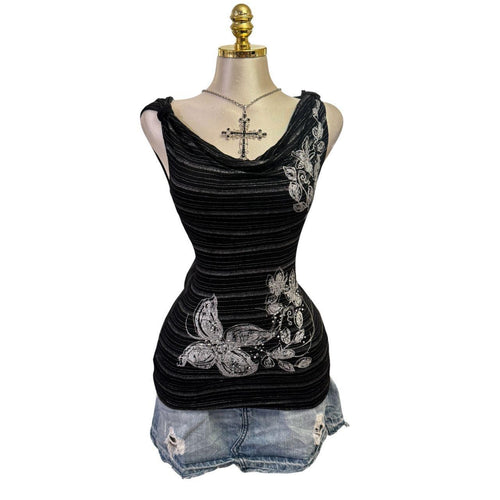 Y2K Vintage Black Silver Floral Sequin Cowl Neck Top  [M]