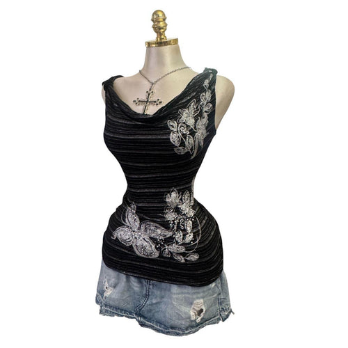 Y2K Vintage Black Silver Floral Sequin Cowl Neck Top  [M]