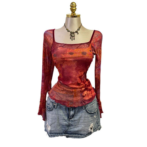 90s Vintage Red Purple Flare Sleeve Pink Velvet Ties Top [L]