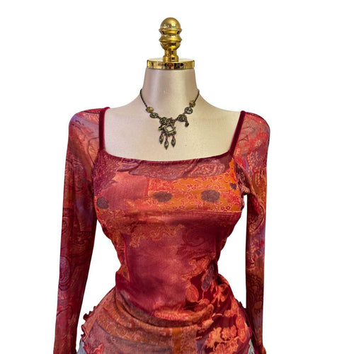 90s Vintage Red Purple Flare Sleeve Pink Velvet Ties Top [L]