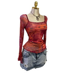 90s Vintage Red Purple Flare Sleeve Pink Velvet Ties Top [L]