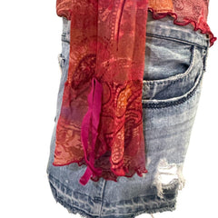 90s Vintage Red Purple Flare Sleeve Pink Velvet Ties Top [L]