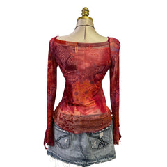 90s Vintage Red Purple Flare Sleeve Pink Velvet Ties Top [L]