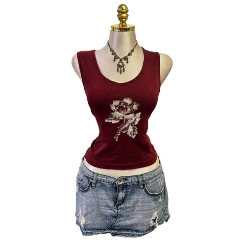 90s Vintage Maroon White Flower Top [L]