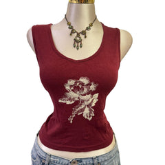 90s Vintage Maroon White Flower Top [L]