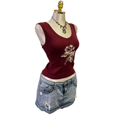 90s Vintage Maroon White Flower Top [L]