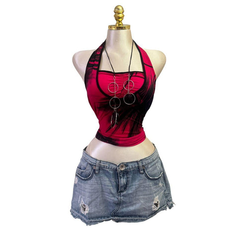 Y2k Vintage White Zipper Collared Halter Top [S]