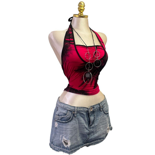 Y2K Vintage Pink Black Necklace Halter Top [S]