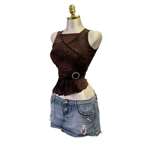 90s Vintage Brown Tie Dye Ruffles Pearl Details Top  [XS]