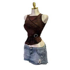 90s Vintage Brown Tie Dye Ruffles Pearl Details Top  [XS]