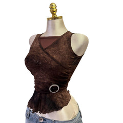 90s Vintage Brown Tie Dye Ruffles Pearl Details Top  [XS]