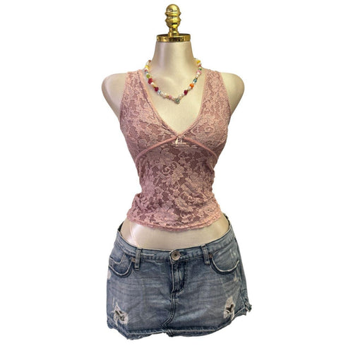 Y2K Vintage Lace Floral Baby Pink V-Neck Tank Top [XS]