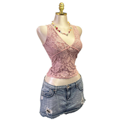 Y2K Vintage Lace Floral Baby Pink V-Neck Tank Top [XS]