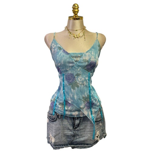 90s Vintage Blue Purple Floral W/ Gold Sequin Top [L]