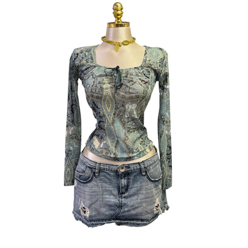 Y2K Vintage Blue Paisley Long Sleeve Top [S]