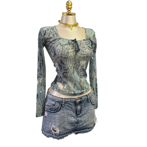 Y2K Vintage Blue Paisley Long Sleeve Top [S]