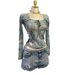 Y2K Vintage Blue Paisley Long Sleeve Top [S]