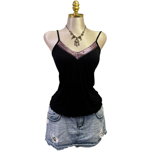 Y2K Vintage Black Pink Sequin Trim Tank Top [S]
