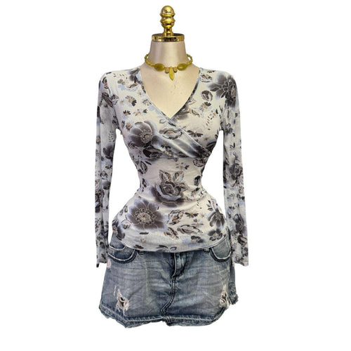 Y2K Vintage Blue Black Gold Floral Sequin Mesh Top  [M]