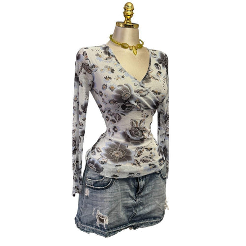 Y2K Vintage Blue Black Gold Floral Sequin Mesh Top  [M]