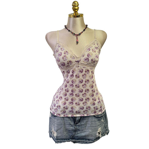 90s Vintage Purple Ivory Floral Polyester Top [L]