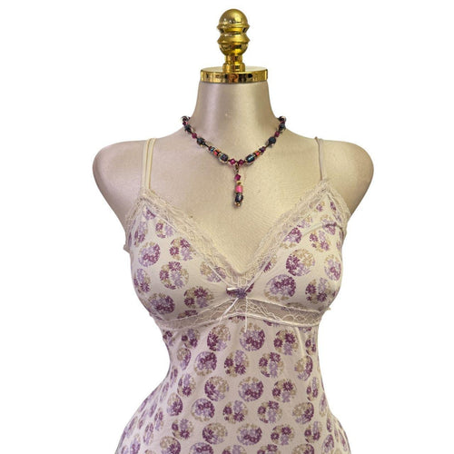 90s Vintage Purple Ivory Floral Polyester Top [L]