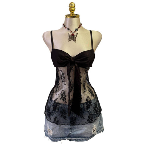 90s Vintage Black Lace Lingerie Ribbon Bra Top [XS]