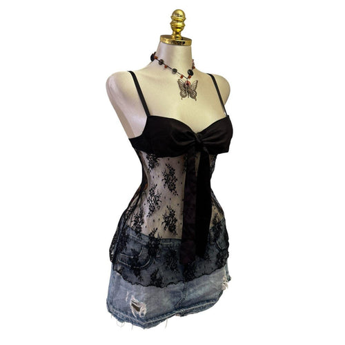 90s Vintage Black Lace Lingerie Ribbon Bra Top [XS]