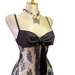 90s Vintage Black Lace Lingerie Ribbon Bra Top [XS]