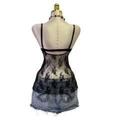 90s Vintage Black Lace Lingerie Ribbon Bra Top [XS]