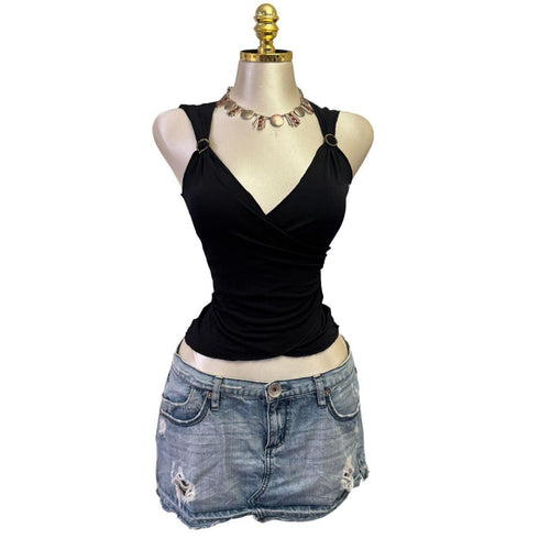 Y2K Vintage Black V-neck Embellish Top [S]