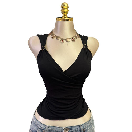 Y2K Vintage Black V-neck Embellish Top [S]