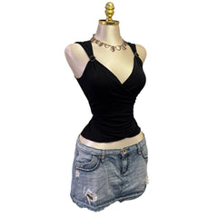 Y2K Vintage Black V-neck Embellish Top [S]