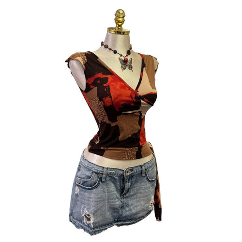 90s Vintage Brown Orange Tie Sise Top [M]